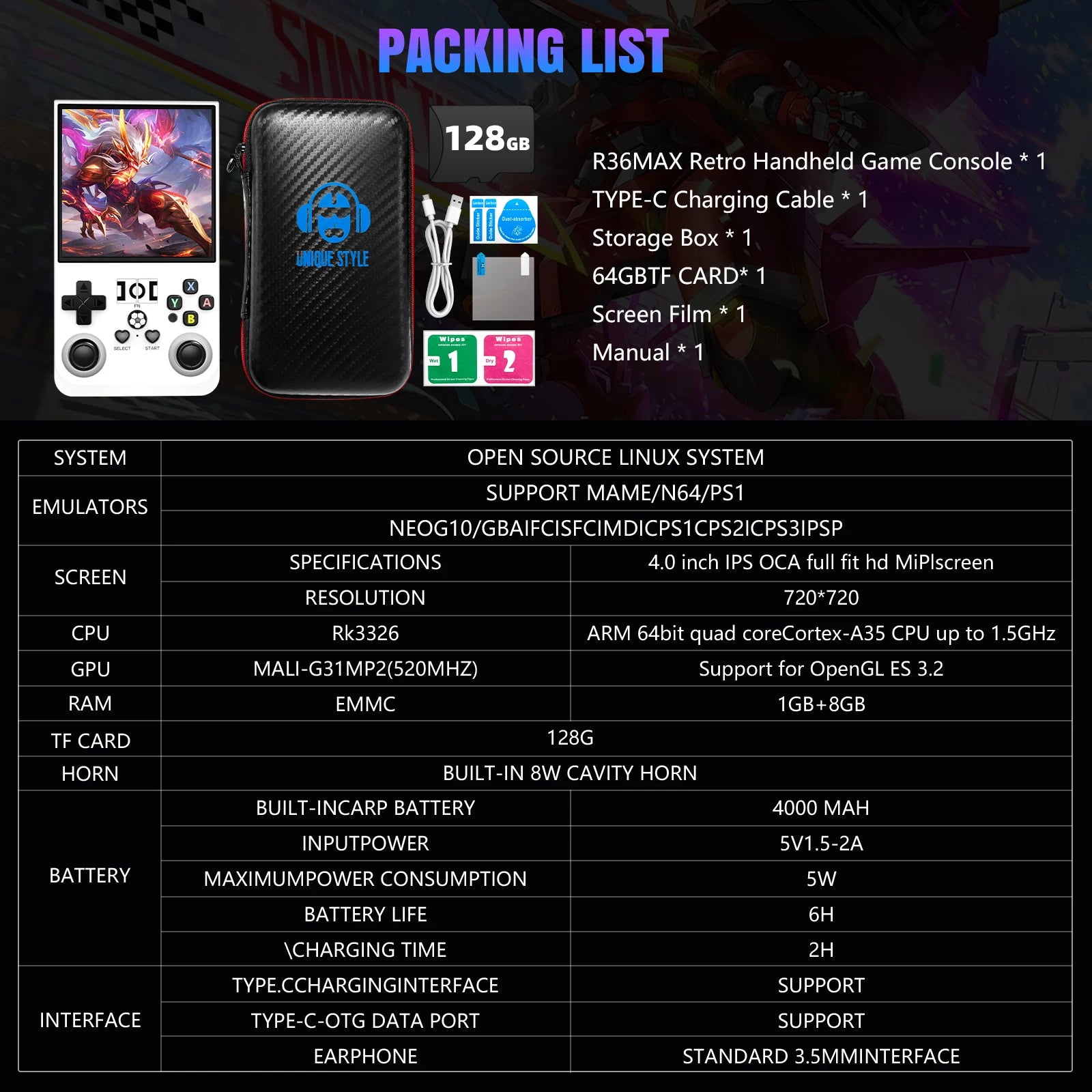 Superconsole™ Original R36MAX – Consolă Retro Portabilă cu Ecran IPS 4,0″, Sistem Linux și +20.000 de Jocuri